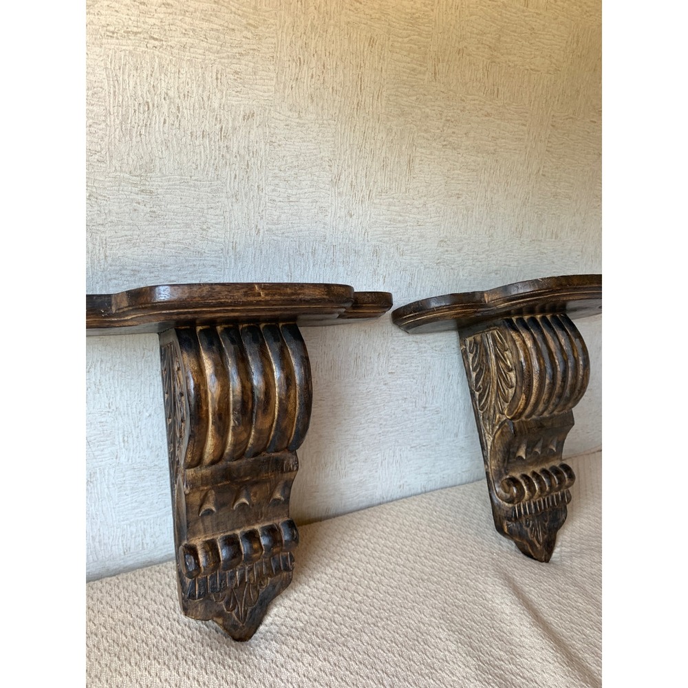 Vintage Hand Carved Wood Wall Corbel Shelves Pair Dark Brown Architectural Decor